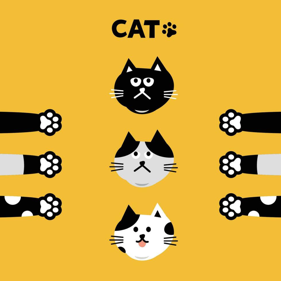 Cat head emoji vector. Vector illustration of black-grey cats with paws on a yellow background.