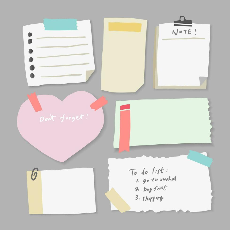 Set of different note papers on isolated background.Vector illustration. vector