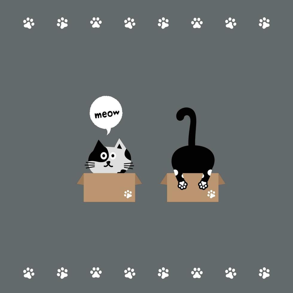 Cat head emoji vector. Vector illustration of the front and back of a black cat sitting in a cardboard box on a gray background.