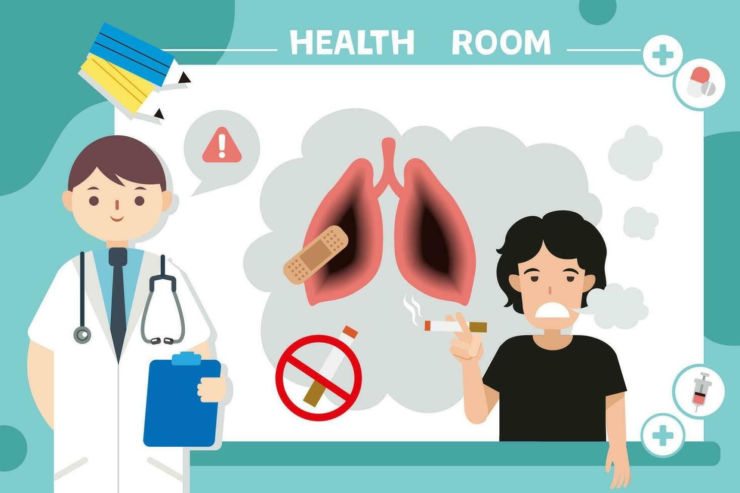 A smoking man with a sick lung. Healthcare vector concept. hospital staff care illustration