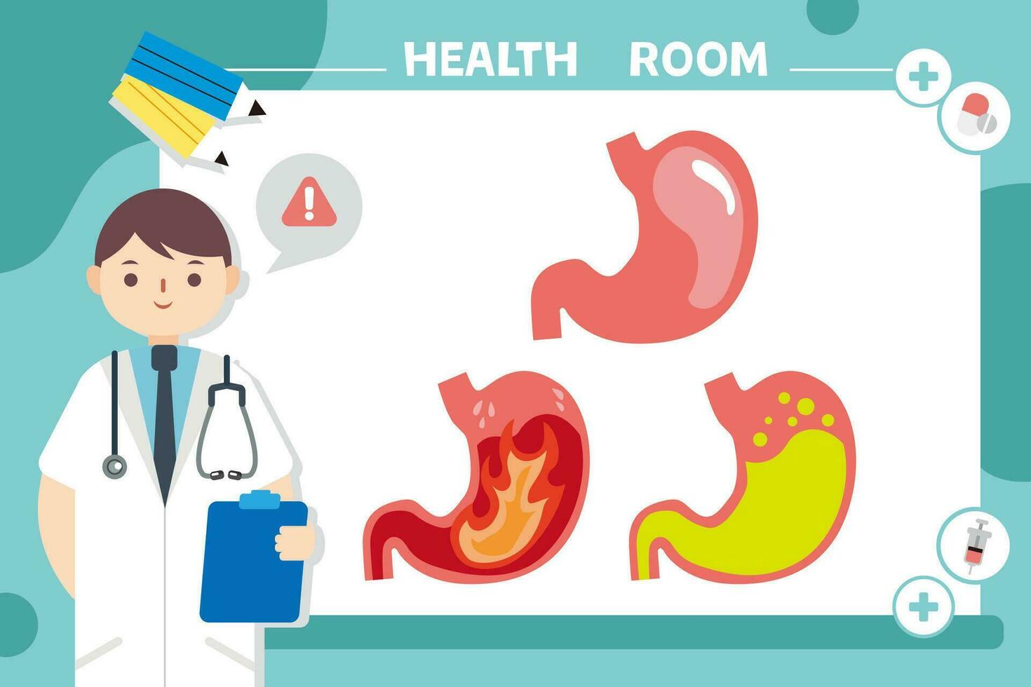 humano órganos ilustración de varios estómago síntomas. cuidado de la salud vector concepto. hospital personal cuidado ilustración