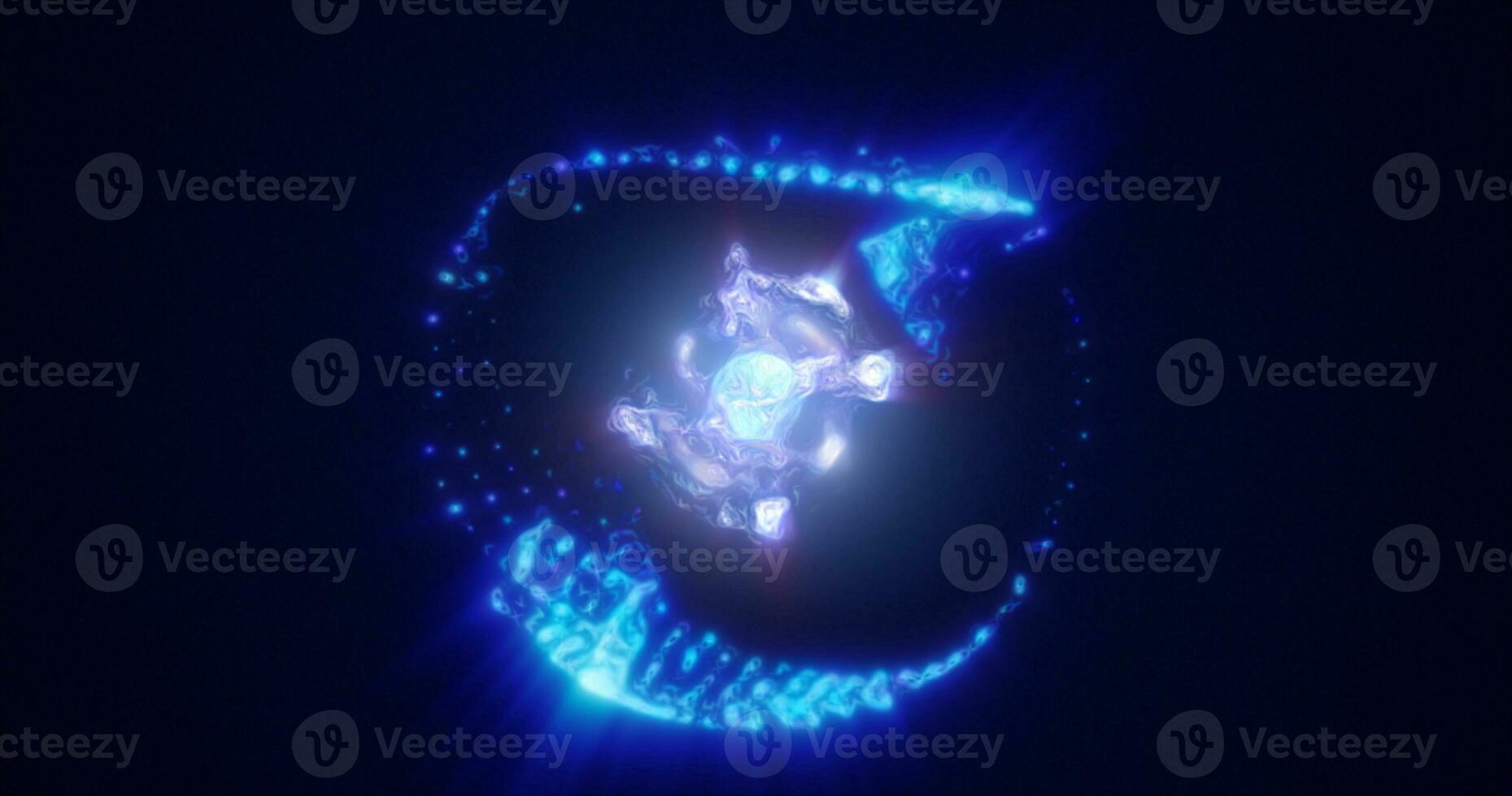 Abstract energy sphere with flying glowing bright blue particles, science futuristic atom with electrons hi-tech background photo