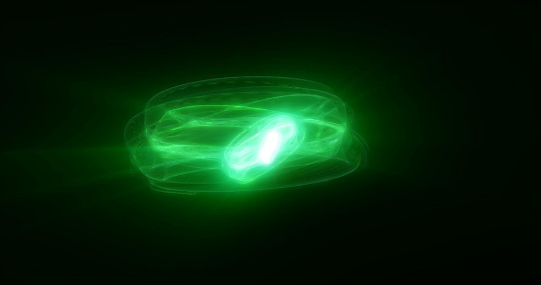 Abstract green rings spheres from energy magic waves of smoke circles and glowing lines on a black background photo
