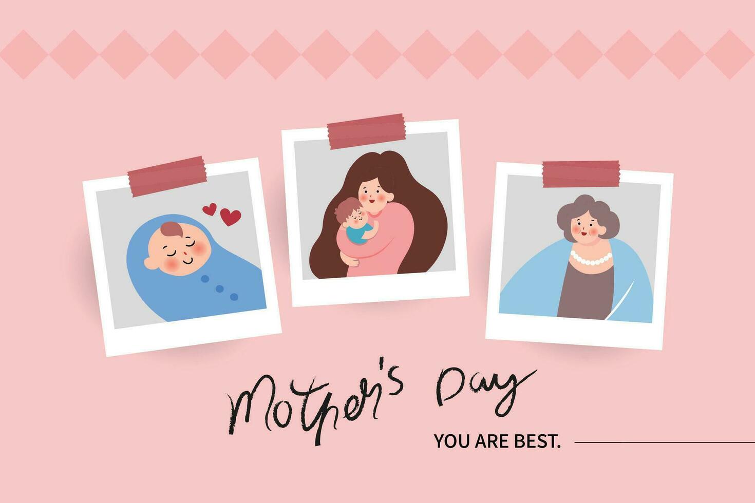 Vector illustration of joyous celebration of happy mothers day, mothers day related polaroid photo of mother holding baby