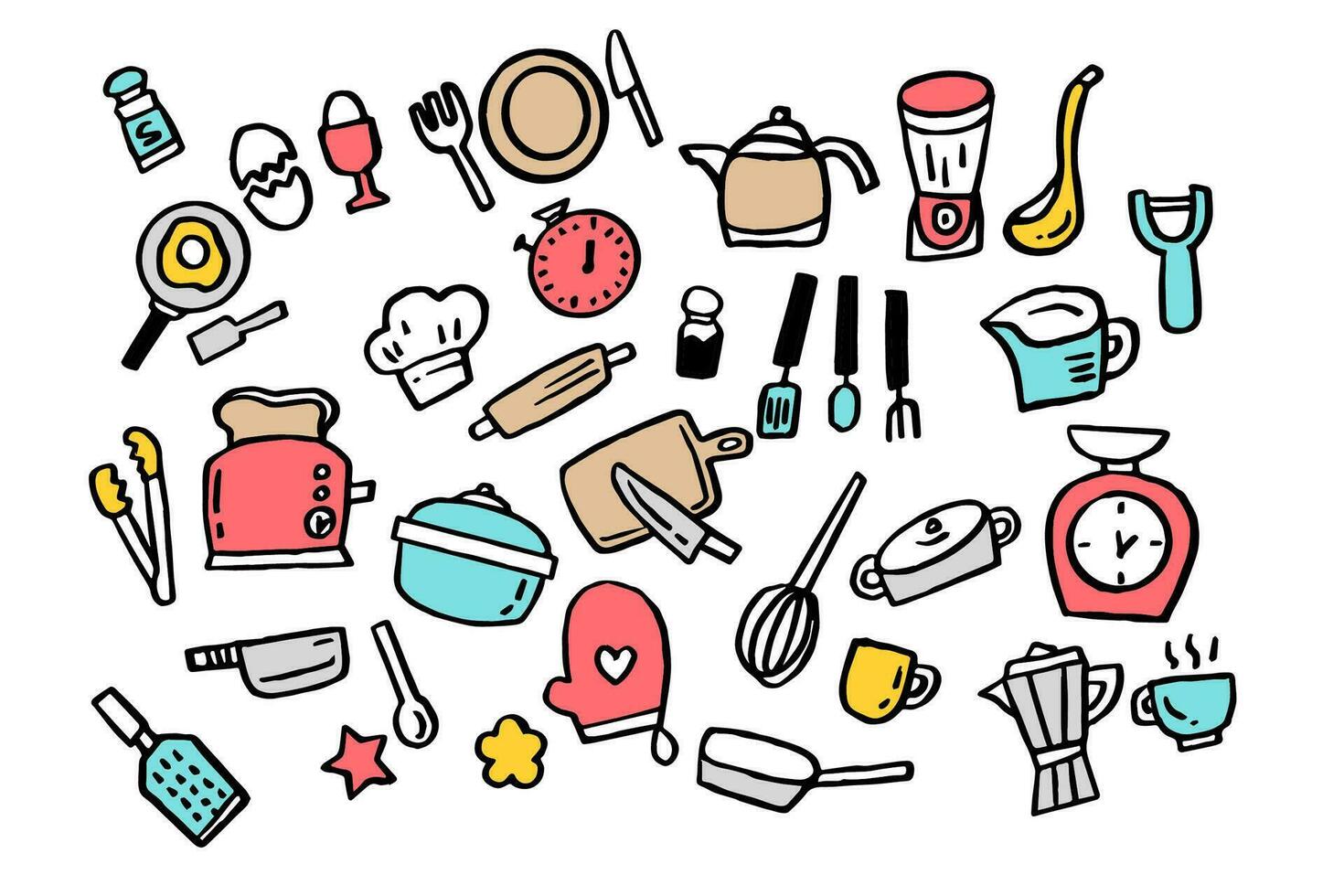 Cocinando línea iconos hirviendo tiempo, fritura pan y cocina utensilios vector