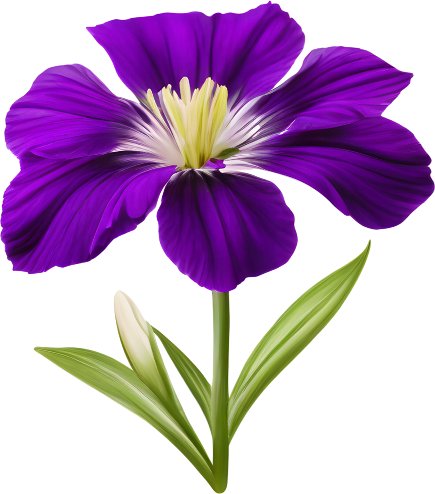 A painting of purple flowers with leaves. AI-Generated. png