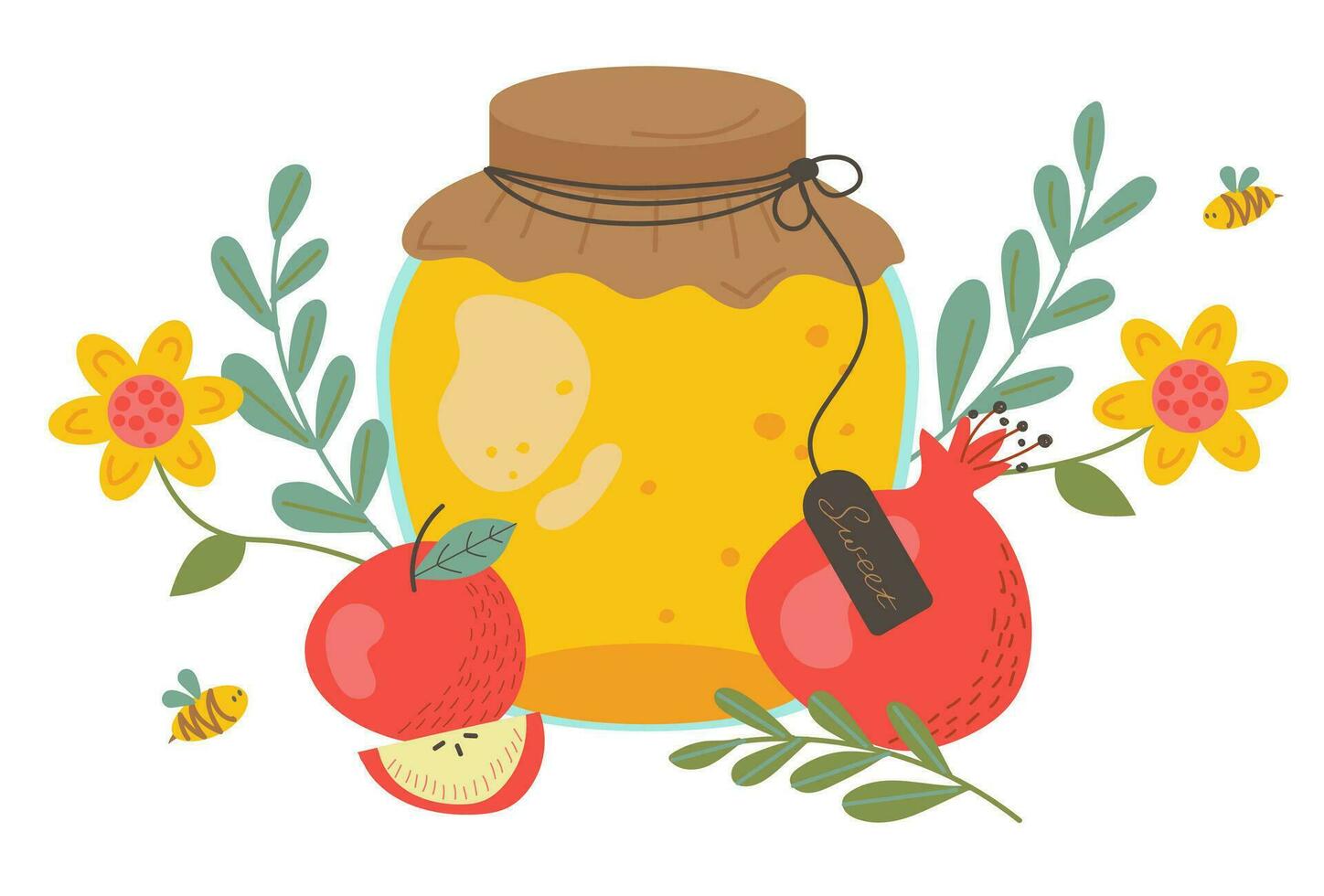 Jar of Honey, Apple and Pomegranate. Design elements for postcards on Jewish New Year. Flat textured illustration vector
