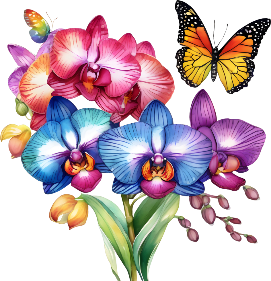 A painting of a bouquet of orchids and a butterfly. AI-Generated. png