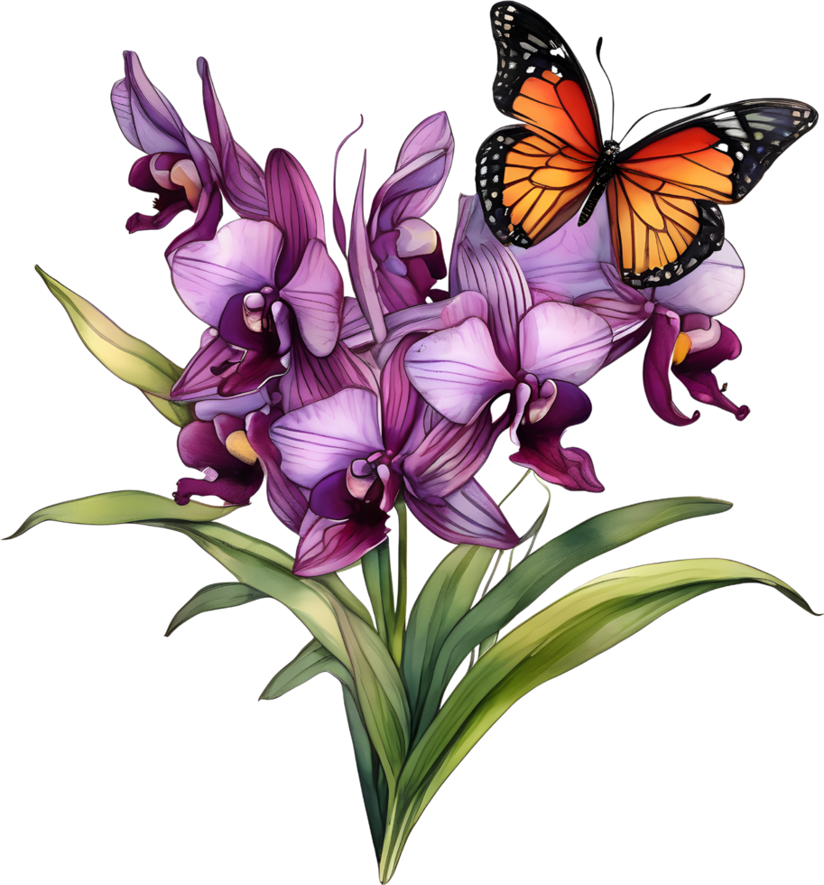 A painting of a bouquet of orchids and a butterfly. AI-Generated. png