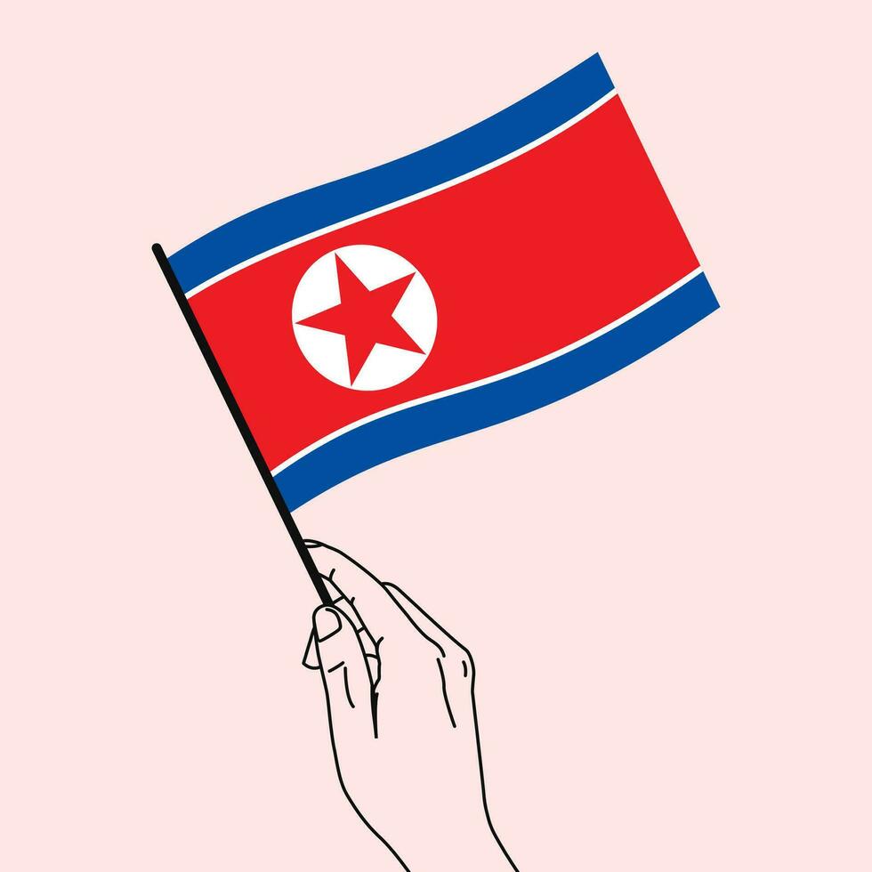 Hand holding North Korea flag with line art style. North korea flag. Vector illustration