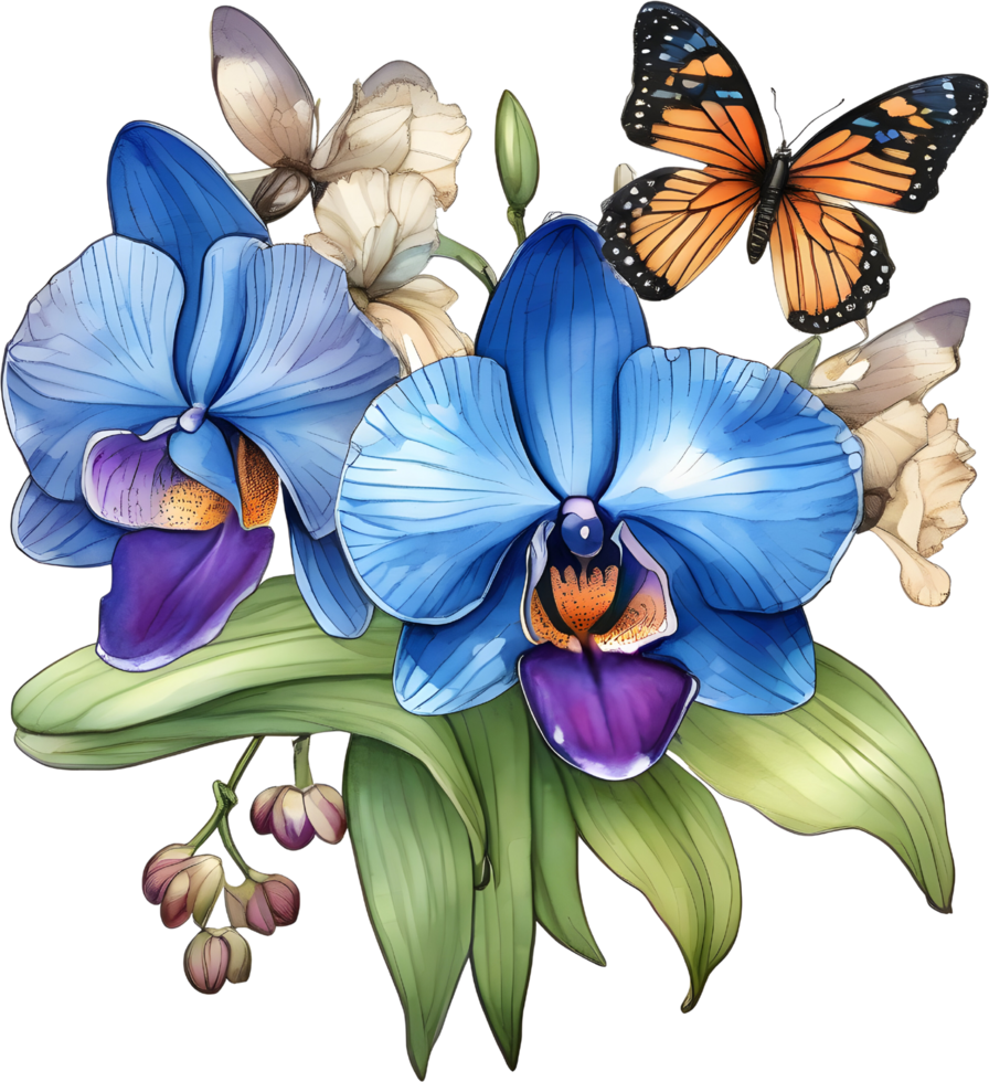 A painting of a bouquet of orchids and a butterfly. AI-Generated. png