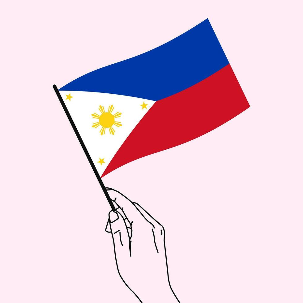 Hand holding Philippine flag with line art style. Philippine flag. Vector illustration