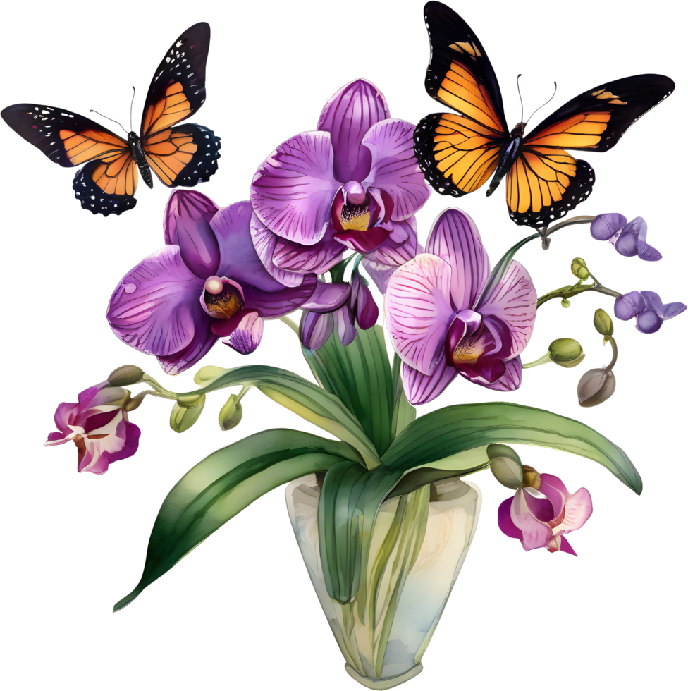 A painting of a bouquet of orchids and a butterfly. AI-Generated. png