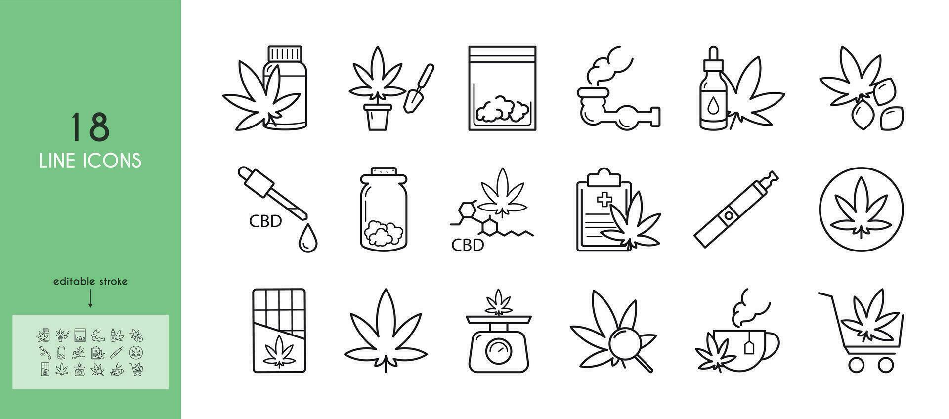 A set of cannabis store icons. Hemp seed, smoking pipe, cannabis oil, medical marijuana, tea, scales. Linear icons with editable stroke. vector