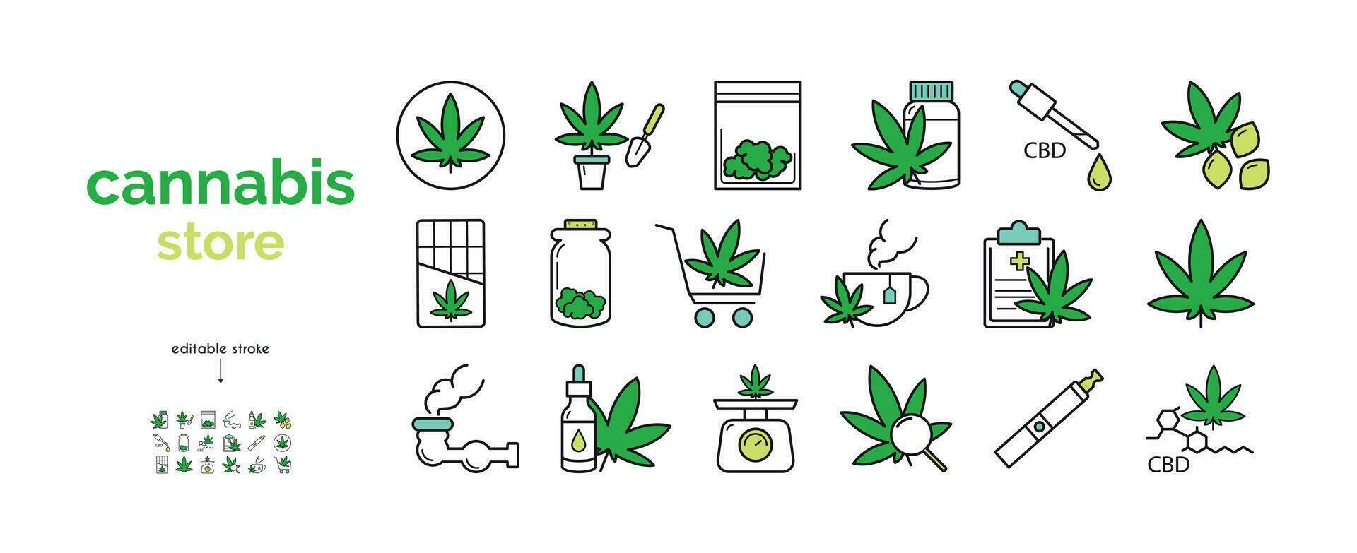 Set of vector line icons of cannabis store. Medical Marijuana. Legal use of cannabis.