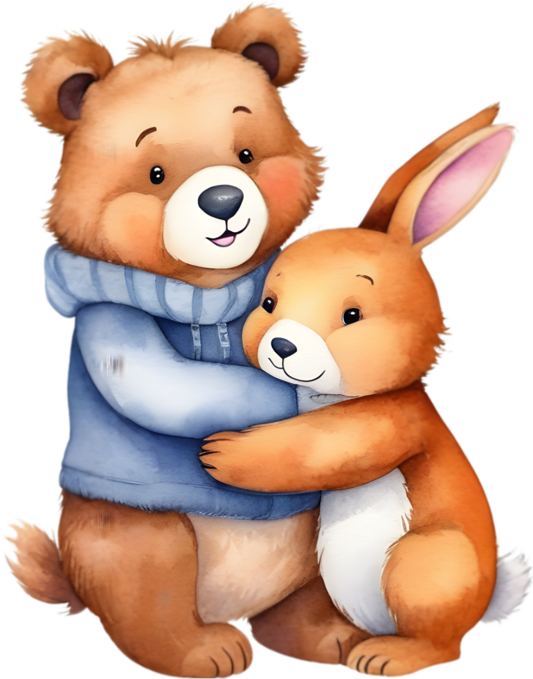 Painting of a cute bear and a cute rabbit. AI-Generated. png