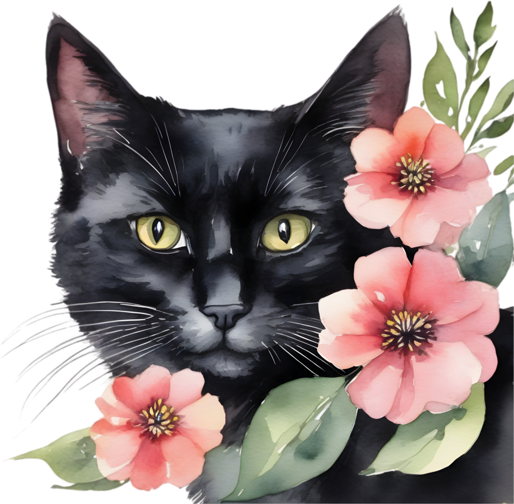 Flowers and black cat clipart for decoration in many projects. AI-Generated. png