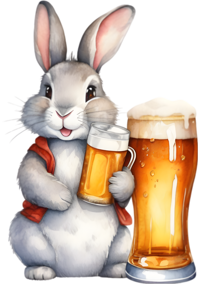 Gemälde von ein süß Hase und ein groß Glas von Bier. KI-generiert. png