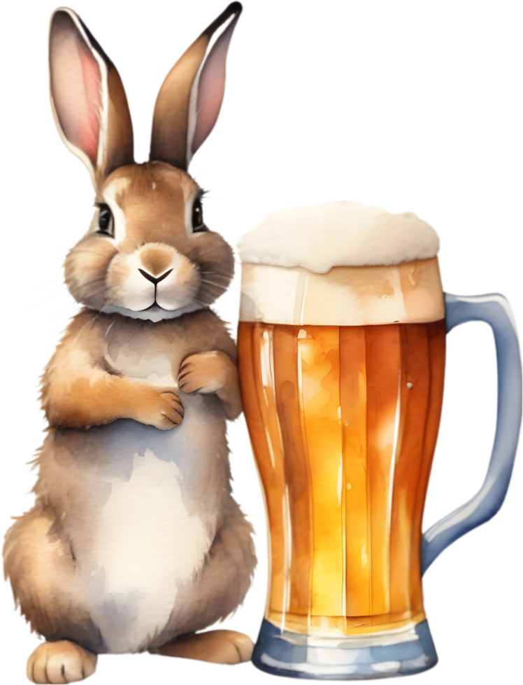 Painting of a cute rabbit and a large glass of beer. AI-Generated. png