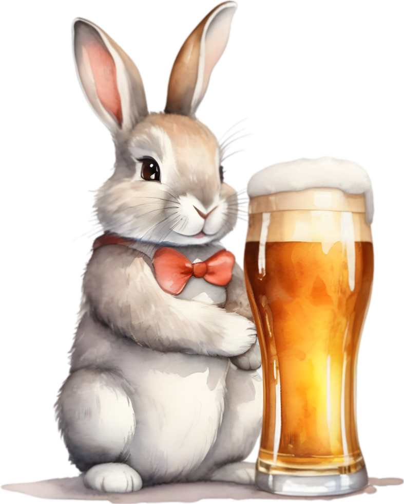 Gemälde von ein süß Hase und ein groß Glas von Bier. KI-generiert. png