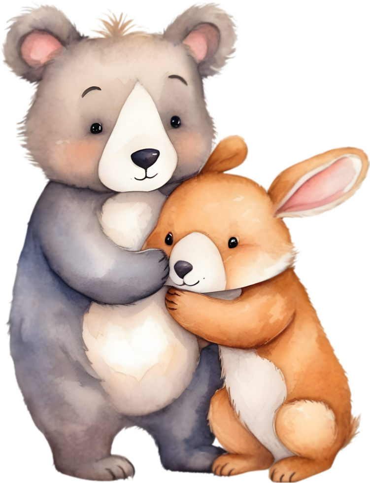 Painting of a cute bear and a cute rabbit. AI-Generated. png