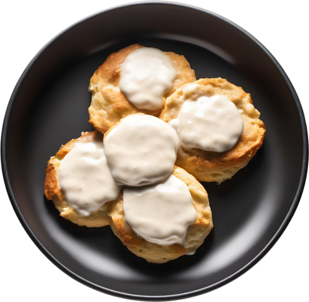 Image of Delicious-looking Biscuits and gravy. AI-Generated. png