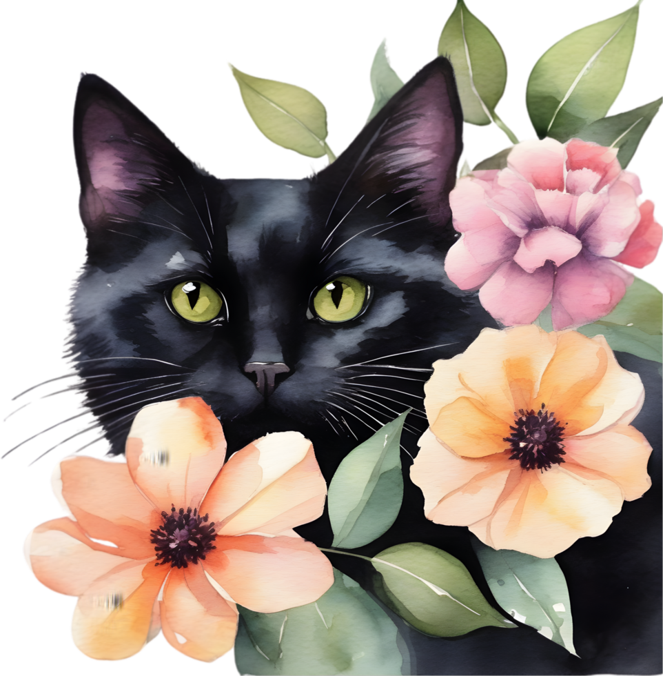 Flowers and black cat clipart for decoration in many projects. AI-Generated. png