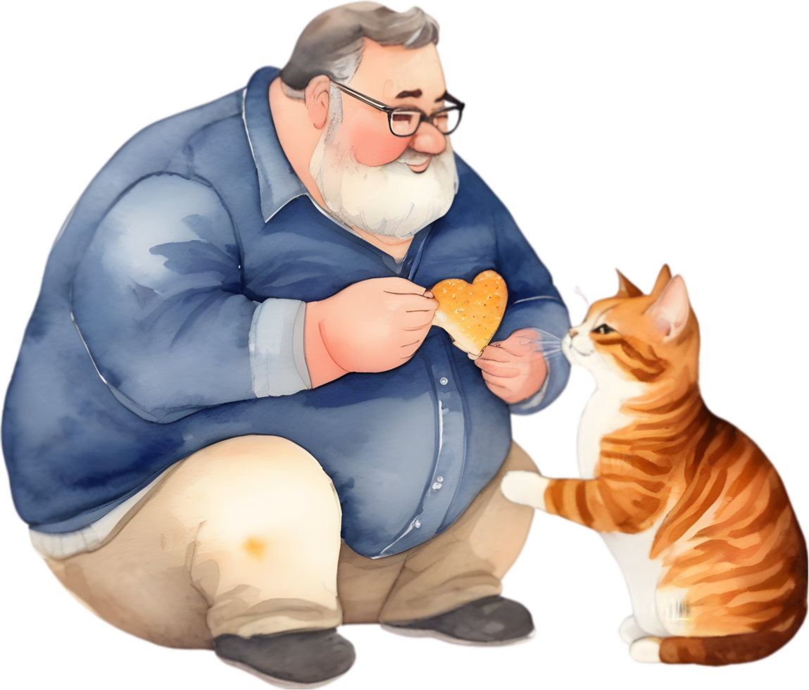 Painting of a big fat uncle feeding a cute cat. AI-Generated. png