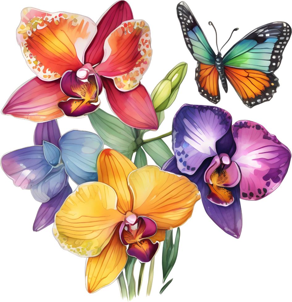 A painting of a bouquet of orchids and a butterfly. AI-Generated. png