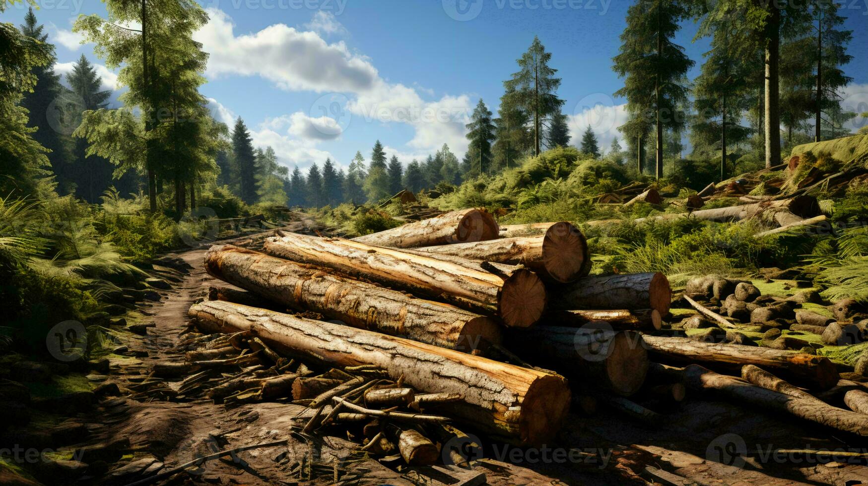 Freshly cut natural logs from trees at logging site in the forest photo