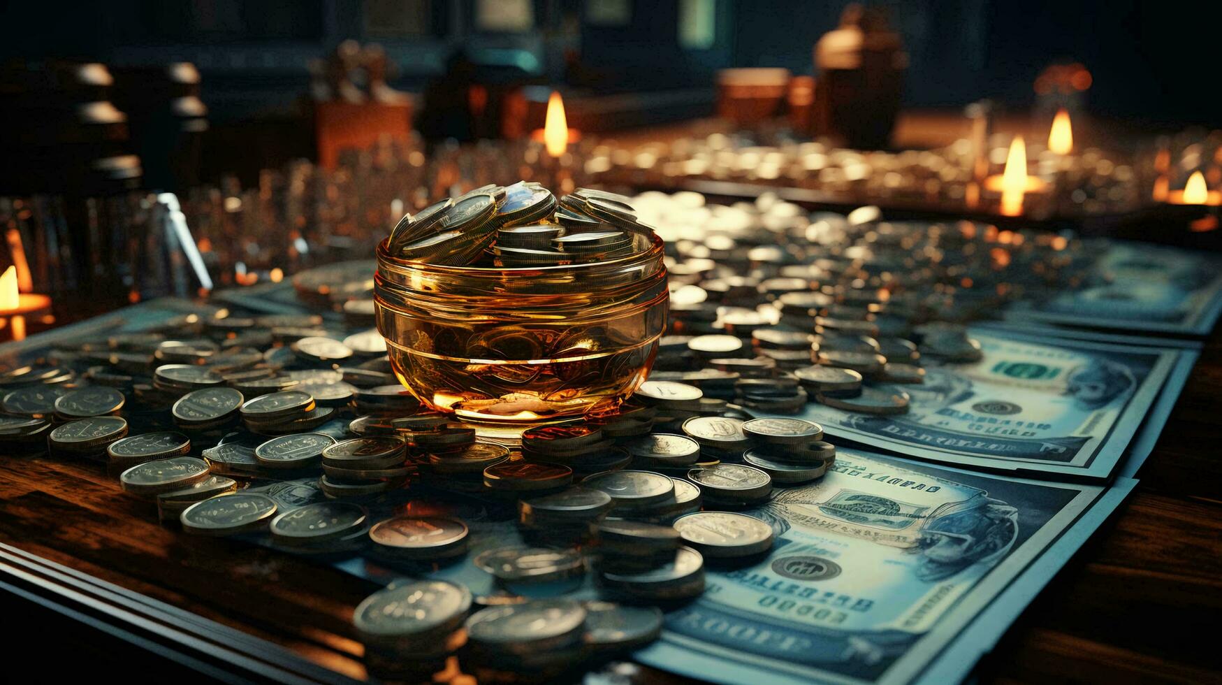 Lots of gold coins and money on the table, finance concept of credit and financial literacy of wealth accumulation photo