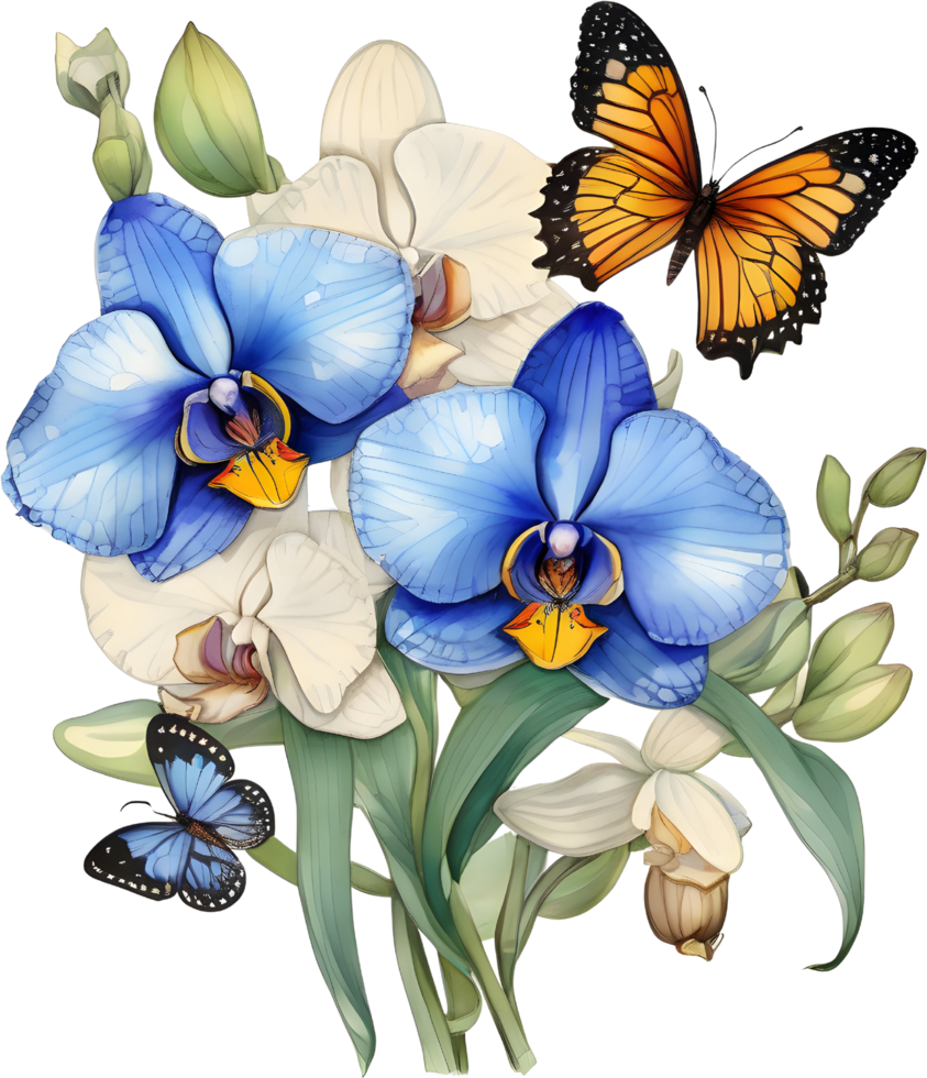 A painting of a bouquet of orchids and a butterfly. AI-Generated. png