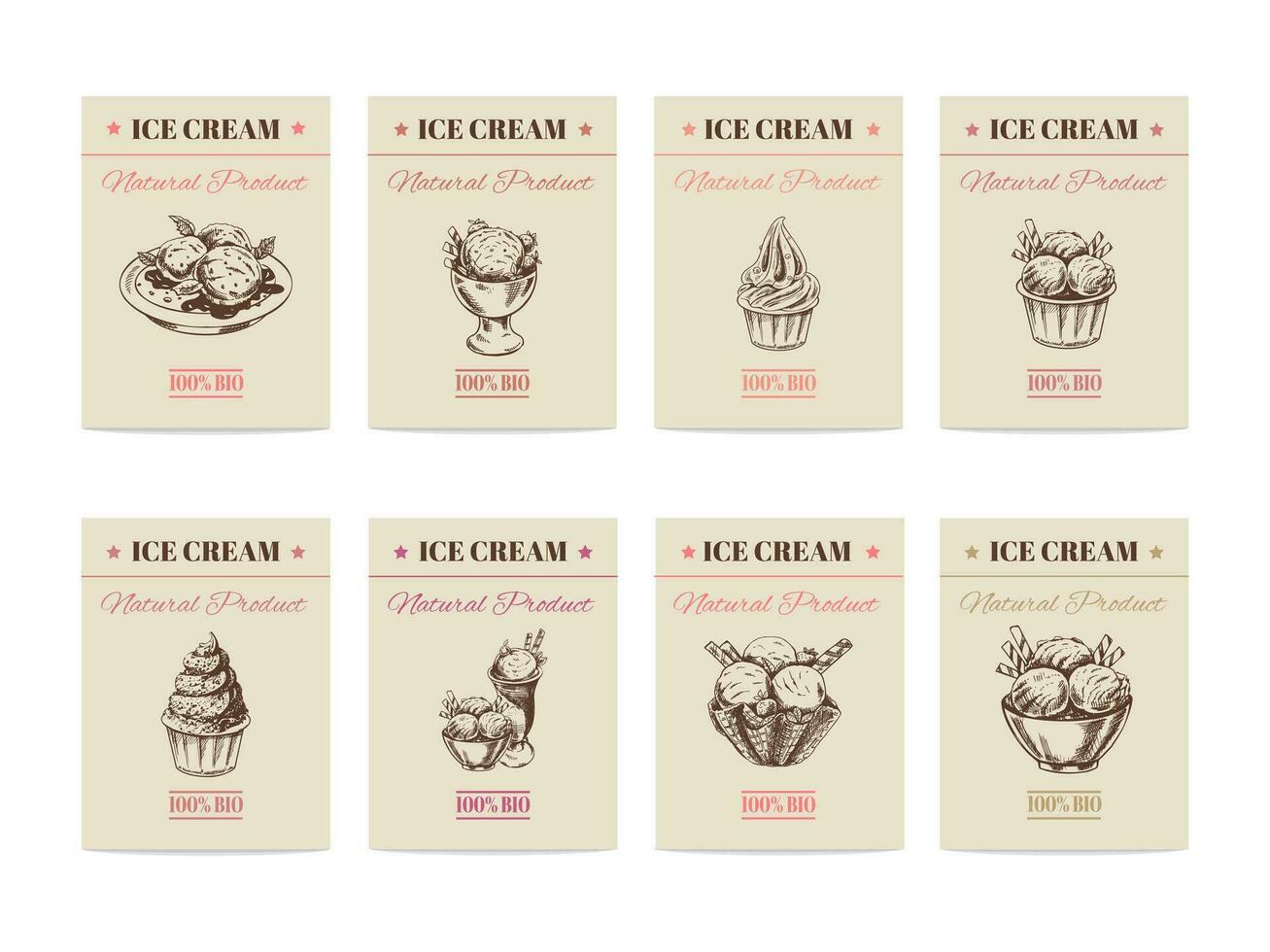 Hand-drawn banners with ice cream in sketch style. Vintage vector illustration. The concept of dessert is a sweet dish in a vintage doodle style.
