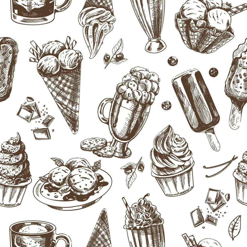 vector Clásico sin costura modelo de diferente tipos de hielo crema y dulce alimento. un dibujado a mano monocromo ilustración de postres genial para menú, póster o restaurante antecedentes.