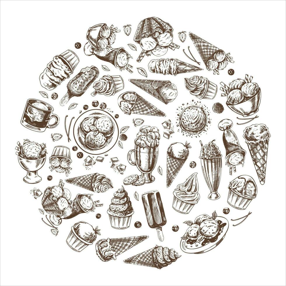 Vintage set of hand drawn monochrome ice cream icons. Elements in a circle. Vector illustrations in sketch style. Handmade, knitting equipment concept in vintage doodle style. Engraving style.
