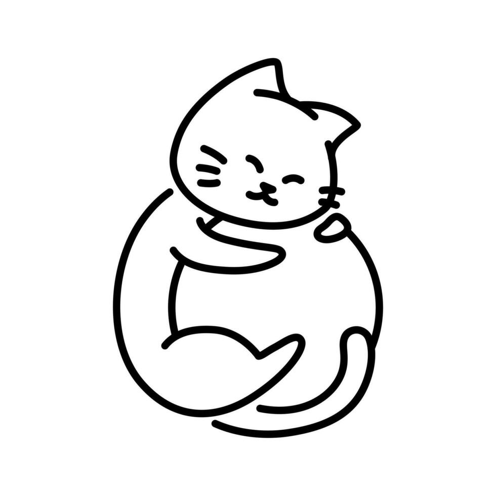 Cat hug a ball. Minimalist line art cat drawing. vector