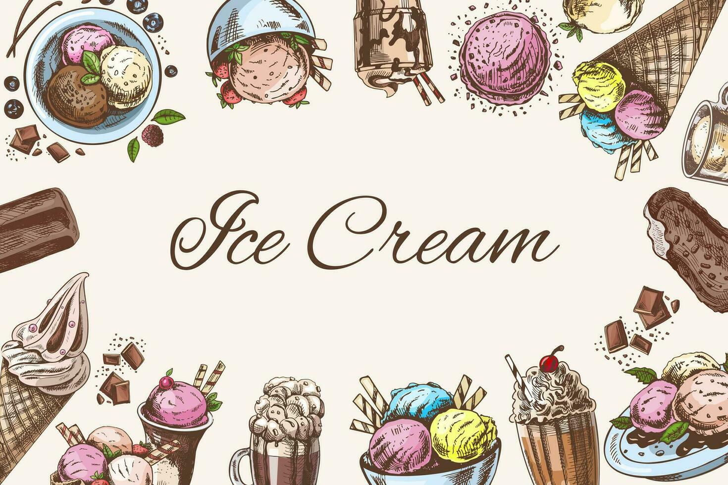 Vintage color ice cream template, hand-drawn. The concept of dessert, a sweet dish in a vintage doodle style. A template with an empty space in the center in the form of an oval. vector
