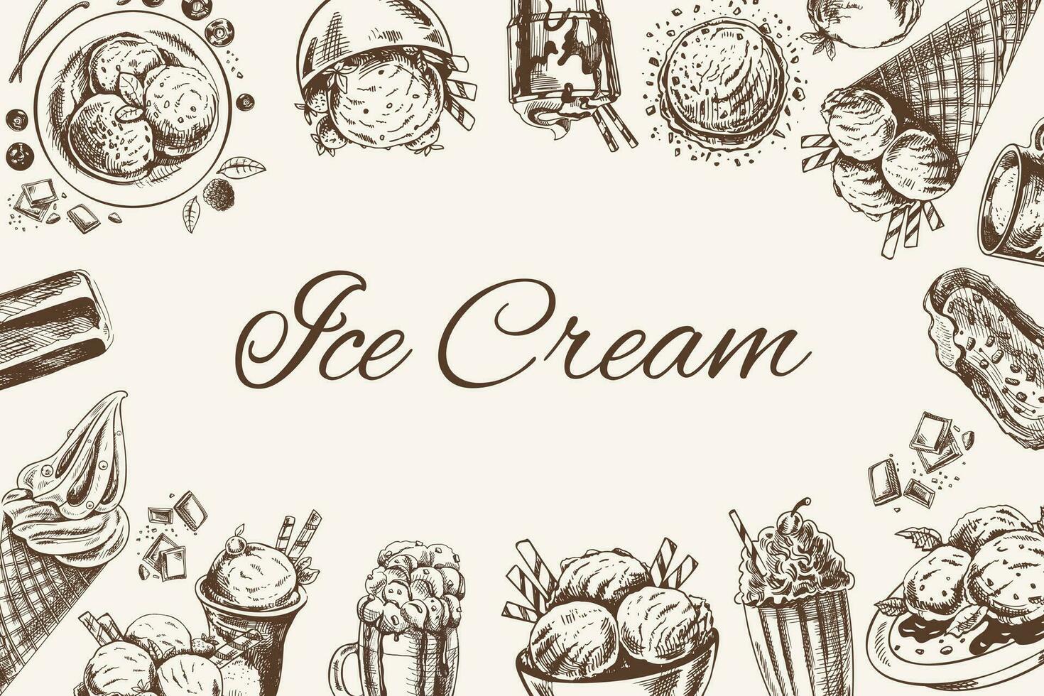 Vintage monochrome ice cream template, hand-drawn. The concept of dessert, a sweet dish in a vintage doodle style. A template with an empty space in the center in the form of an oval. vector
