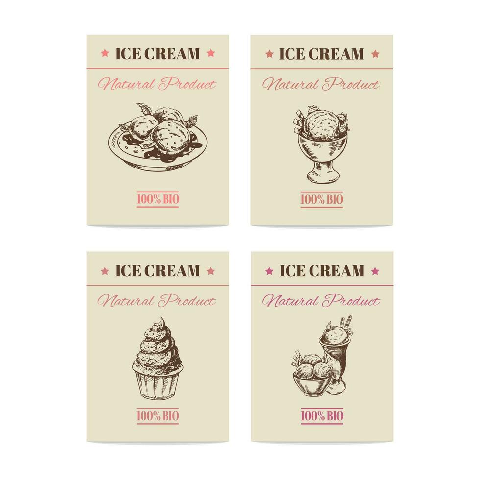Hand-drawn banners with ice cream in sketch style. Vintage vector illustration. The concept of dessert is a sweet dish in a vintage doodle style.