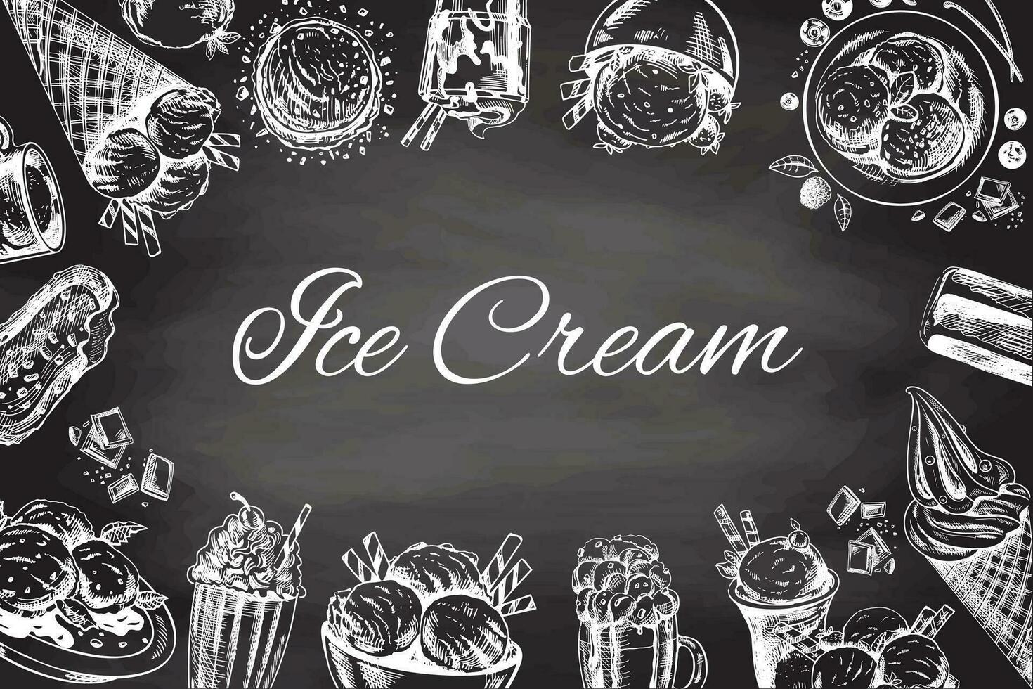 Vintage monochrome ice cream template, hand-drawn on chalkboard background. The concept of dessert in a vintage doodle style. A template with an empty space in the center in the form of an oval. vector