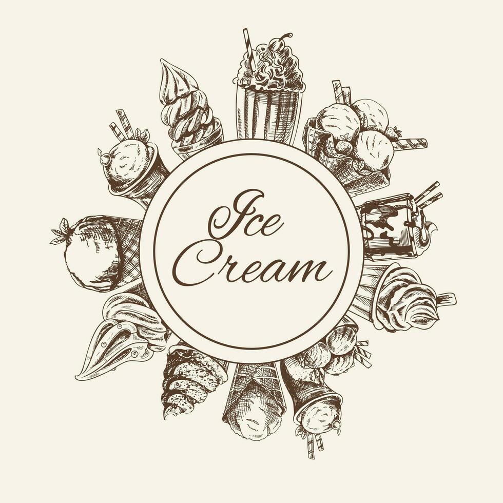 Circular frame for ice cream label, rounded by different types of ice cream. Retro hand drawn vector illustration. Template element for packaging design.