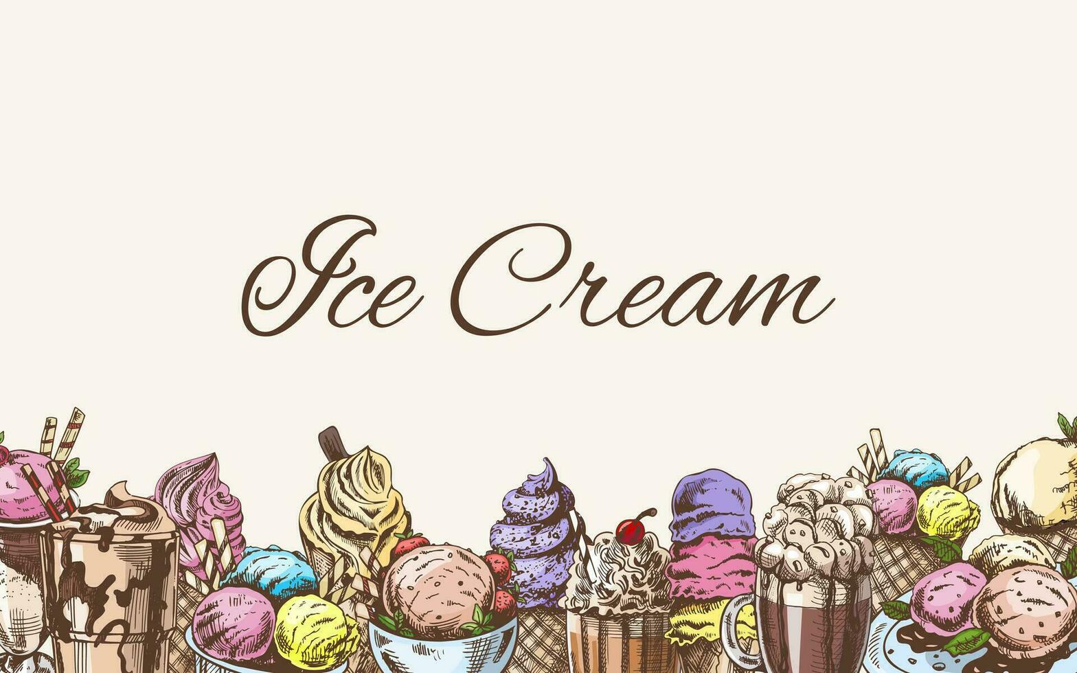 Vintage color ice cream template, hand-drawn. The concept of dessert, a sweet dish in a vintage doodle style. A template with an empty space. vector