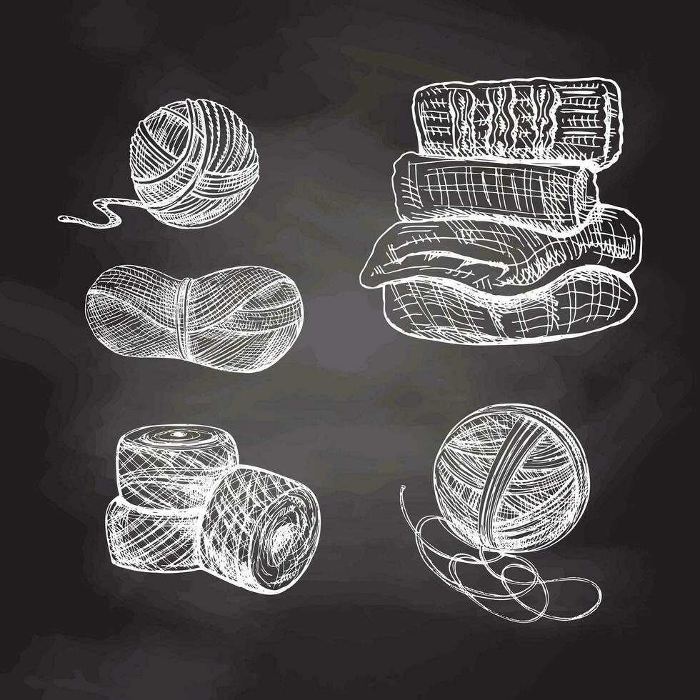 Hand-drawn sketch of balls of yarn, wool, knitted goods on chalkboard background. Knitwear, handmade, knitting equipment concept in vintage doodle style. Engraving style. vector