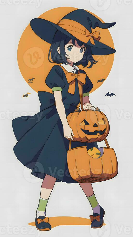 Preparing for Halloween A Cute Young Girl and His Pumpkin in Anime Style With Simple Background photo