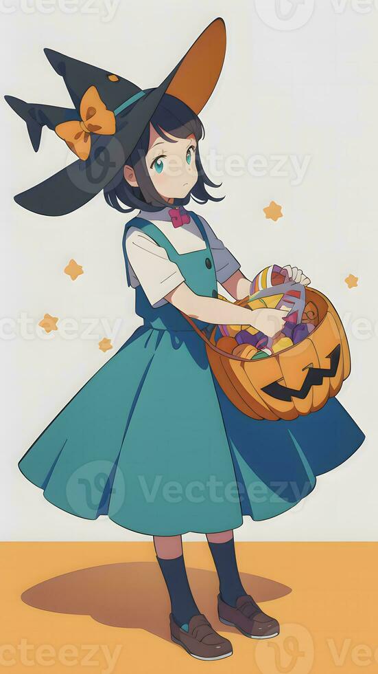 Preparing for Halloween A Cute Young Girl and His Pumpkin in Anime Style With Simple Background photo