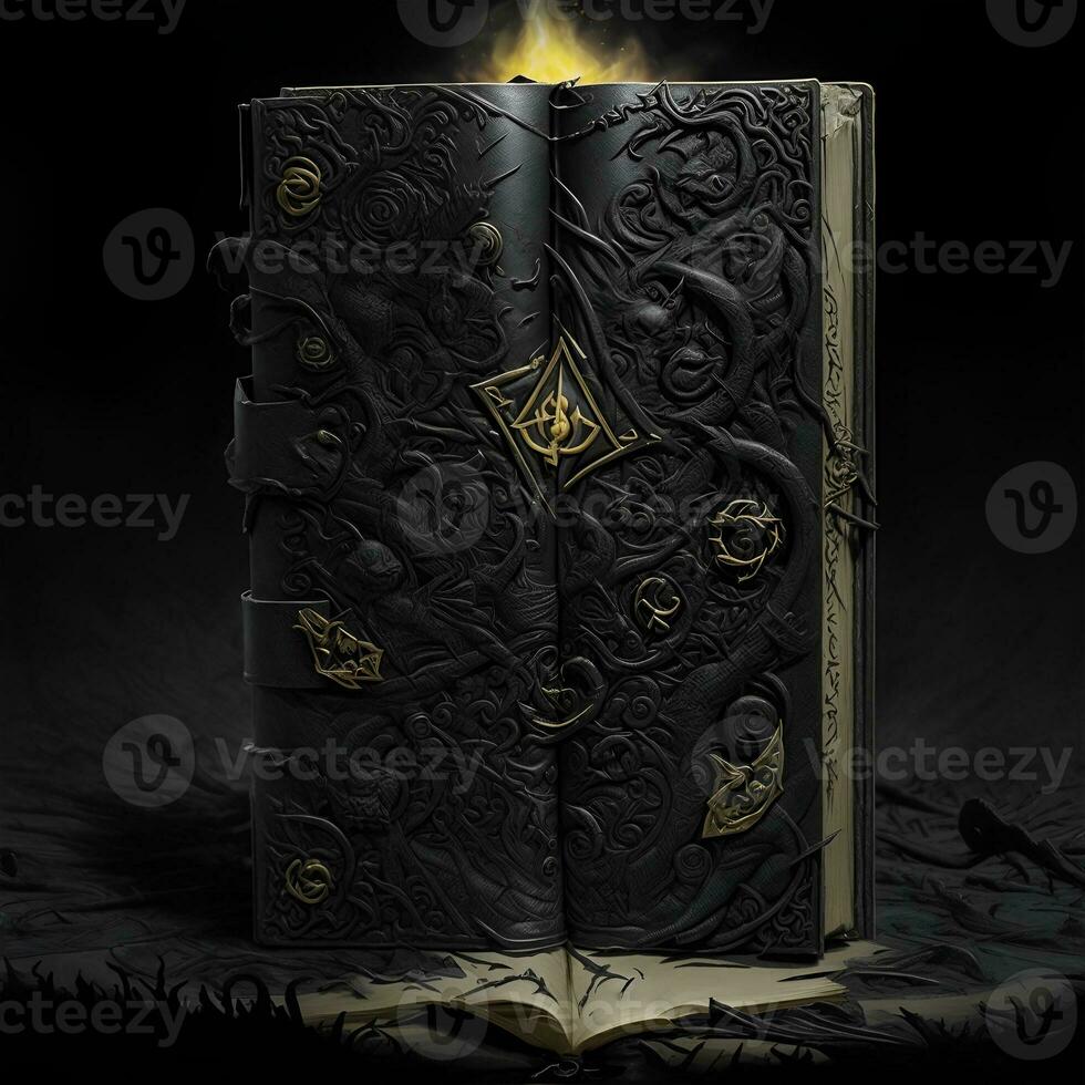 A tome about black magic, its cover is decorated with ominous symbols. AI generated photo