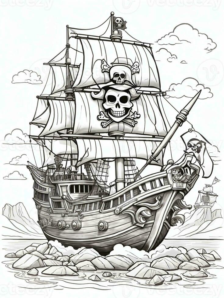 learn to color for children, pirate boats, AI generated. photo