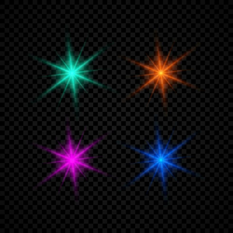 ligero efecto de lente bengalas conjunto de cuatro verde, naranja, púrpura y azul brillante luces Starburst efectos con destellos en un oscuro antecedentes. vector ilustración