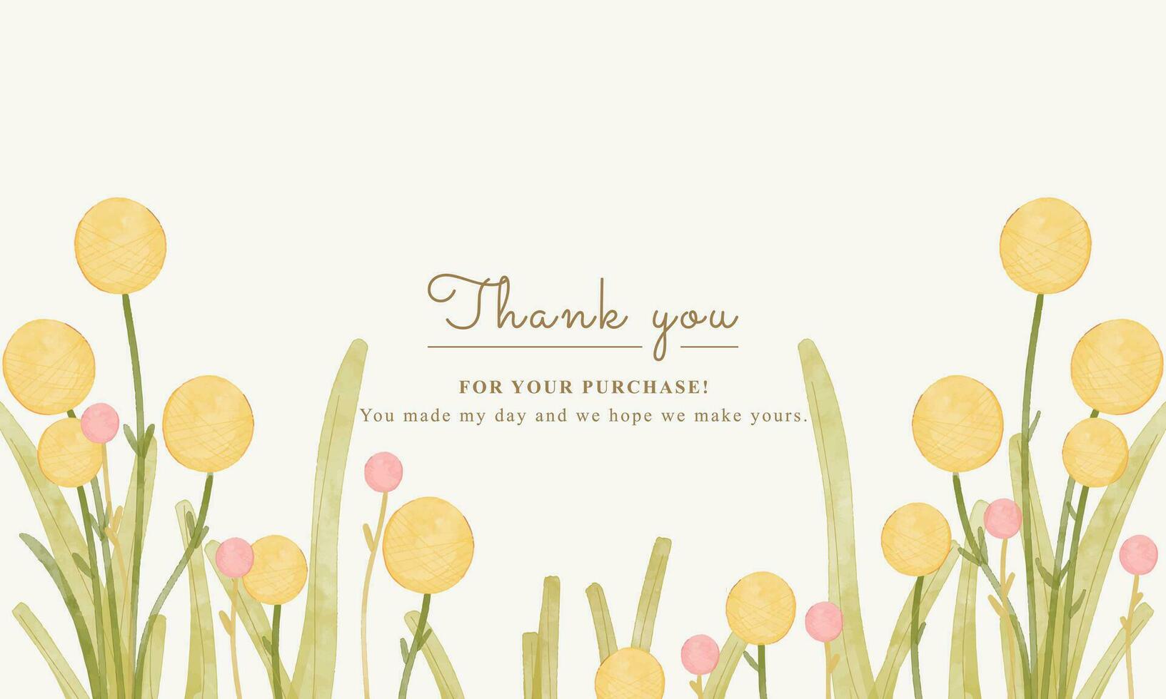 thank you card with watercolor billy button flowers and leaf. aesthetic floral background design for any greeting card, celebration card, wedding, invitation, shower announcement card vector