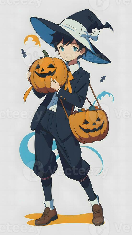 Preparing for Halloween A Young Boy and His Pumpkin in Anime Style With Simple Background photo